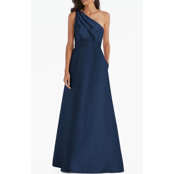 Alfred Sung A-Line Gown Women's 2R Navy Blue One-Shoulder Maxi Draped D815S NWT - Picture 1 of 11